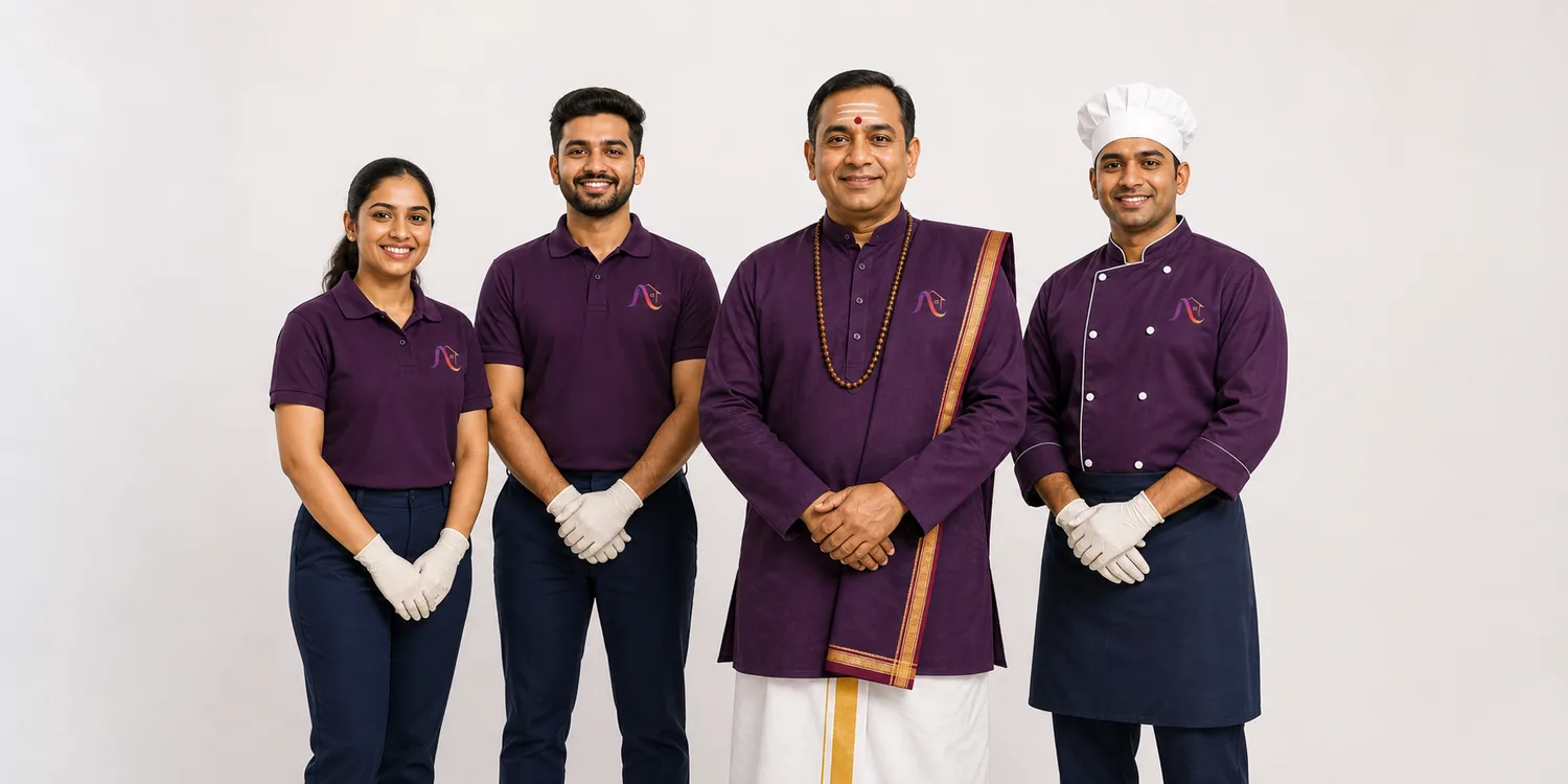 Professional Nesto Home, Nesto Chef, Nesto Laundry, and Nesto Pooja team standing side by side